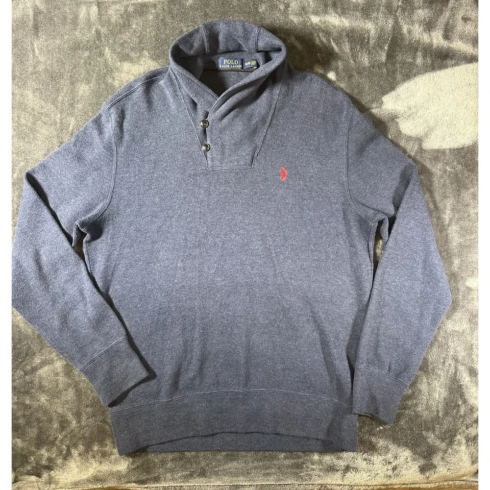 POLO Ralph Lauren Sweater Mens Gray Large 100% Cotton‎ 2 Button Collar Neck